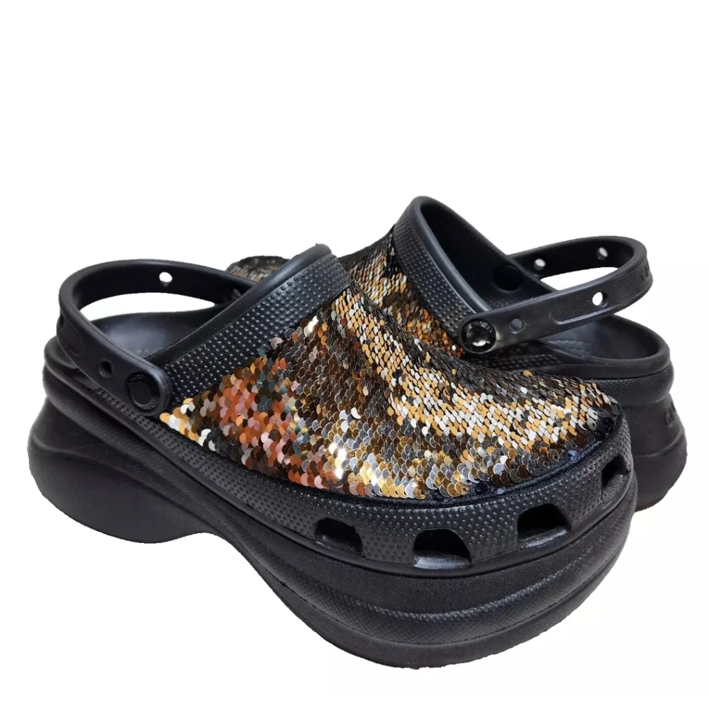 CROCS Classic Bae Silver Gold Sequin Platform Clog Sz 9 Black Multi - Picture 1 of 14